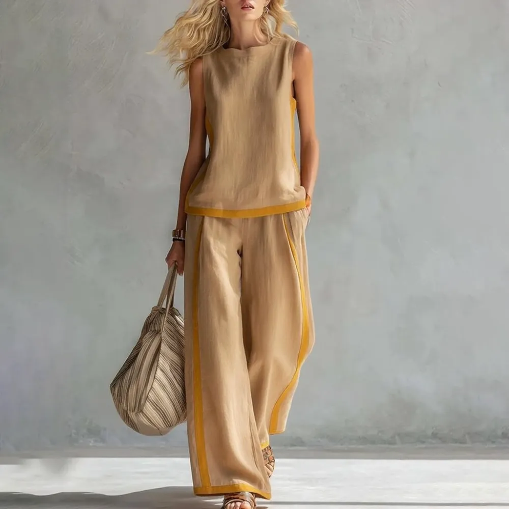 Linen Blend 2-Piece Set for Women Sleeveless Color Block Top Wide Leg Pants Set