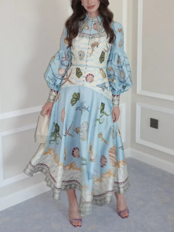 Deep Sea Floral Print Single Breasted Midi Dress