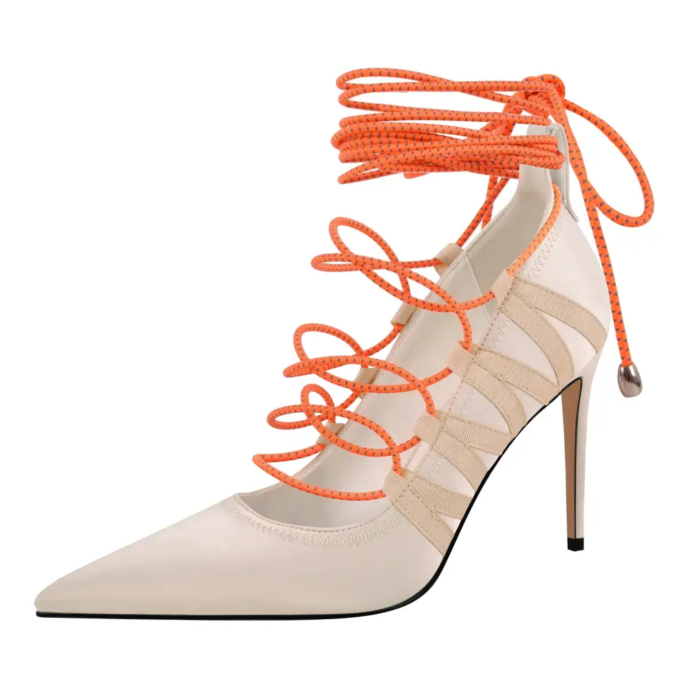 Modern Satin Finish Lace Detail Pointed Toe Stiletto Lace Up Pumps