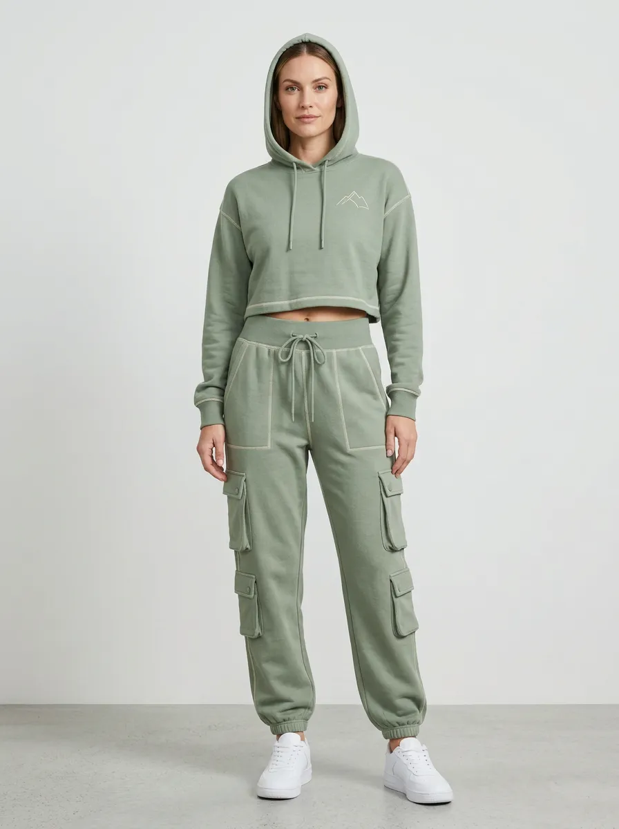 Women's Multi-Pocket Cargo Mountain Graphic Outdoor Inspired Active Jogger Set