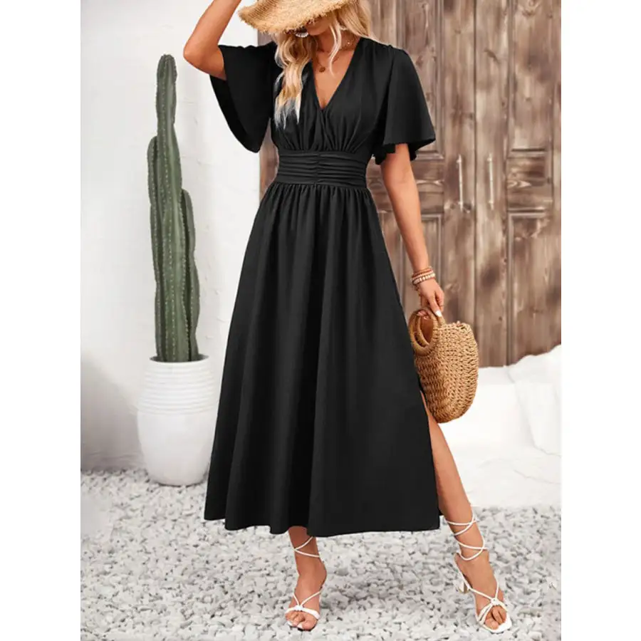 Side Slit Surplice Flutter Sleeve Midi Dress