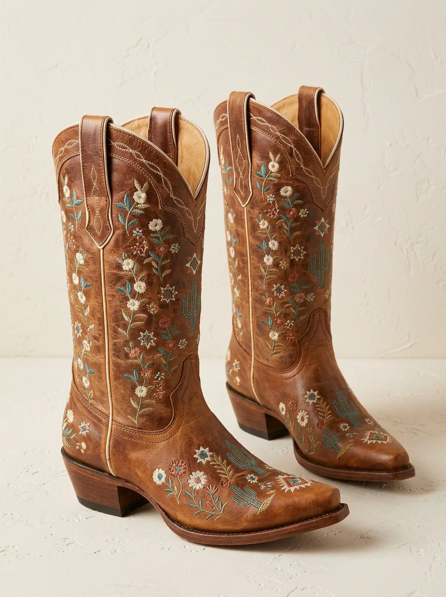 Women's Western Cowboy Cactus Floral Embroidered Cowgirl Boots