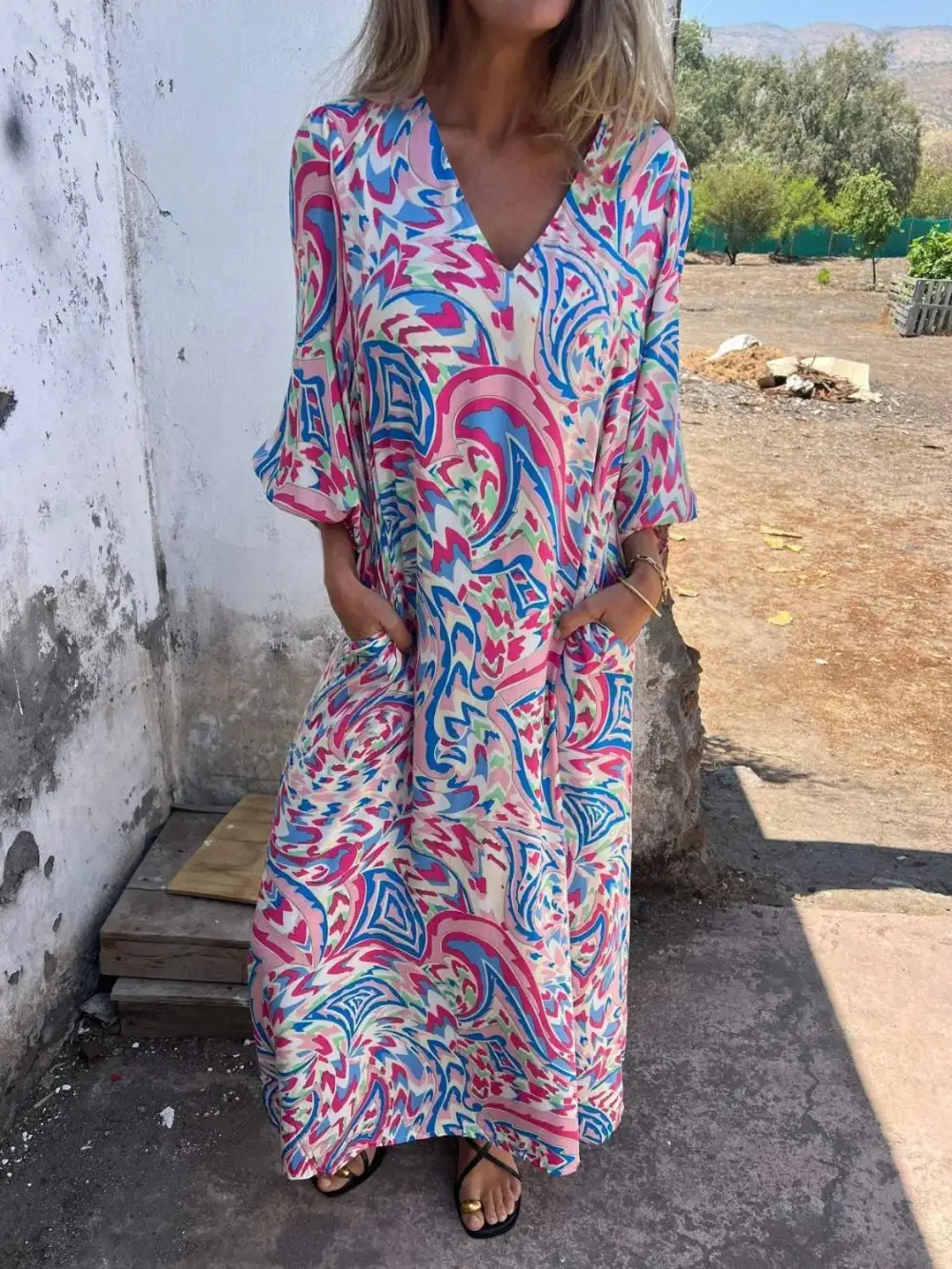 V-Neck Printed Midi Dress