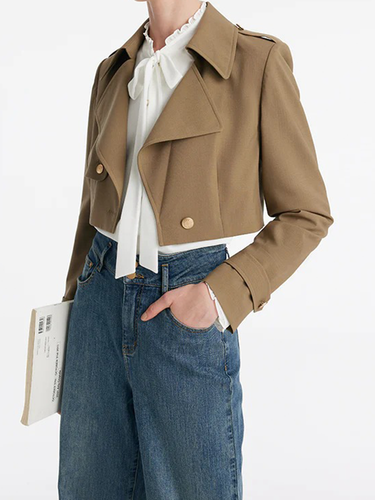 Machine Washable Wool Lapel Women Crop Trench Coat