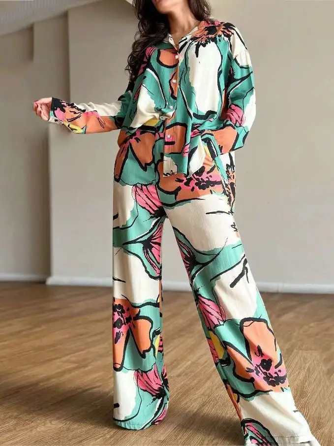 Floral Print Buttoned Blouse And Pants Set