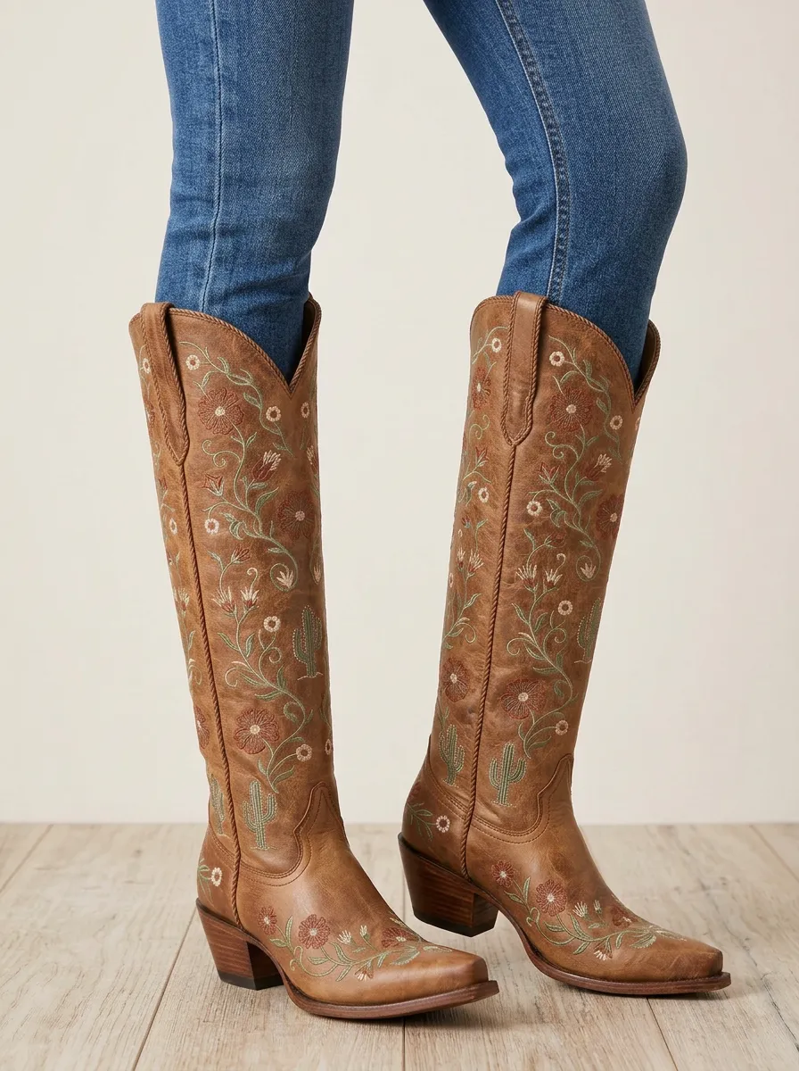 Women's Western Cactus Floral Embroidered Piped Pointed-Toe Block-Heel Denim Over-the-Knee Boots