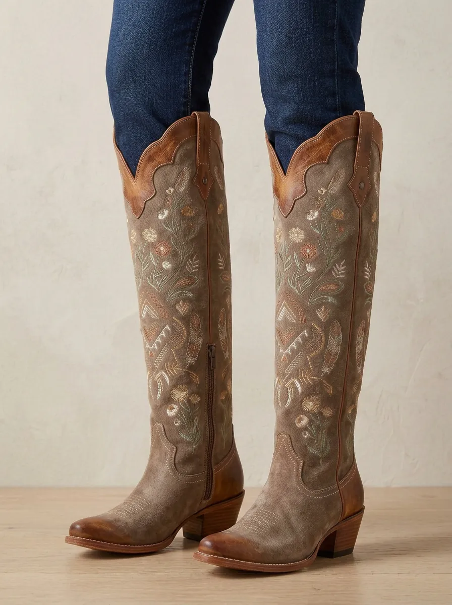 Women's Western Floral Wing Geometric Embroidered Pointed-Toe Block-Heel Denim Over-the-Knee Boots
