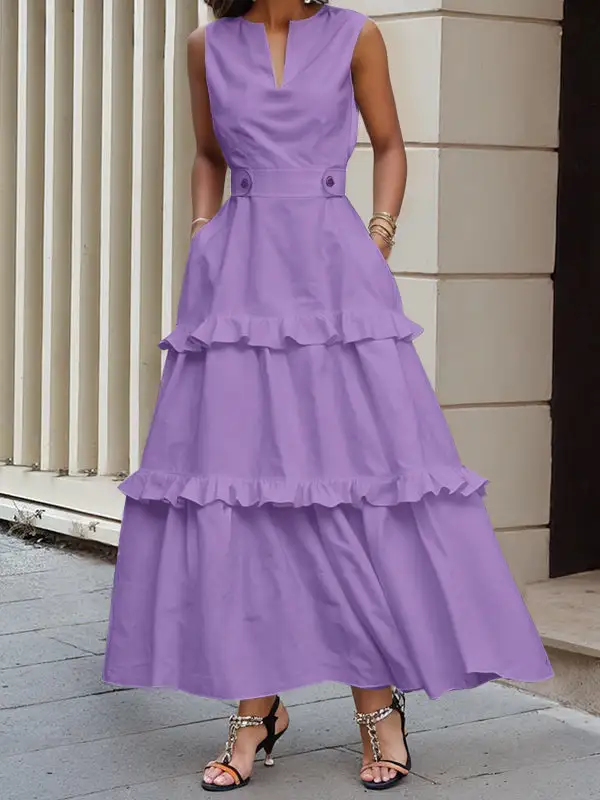 High Pleated Buttoned Neck Maxi Dress
