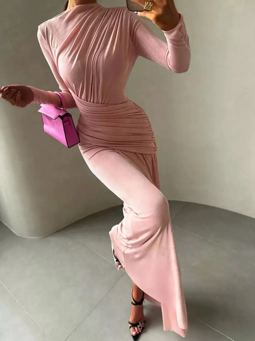 Polished Detail Ruched Long Sleeve Maxi Dress