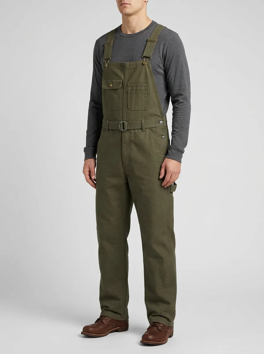 Men's Olive Green Utility Workwear Belted Overalls