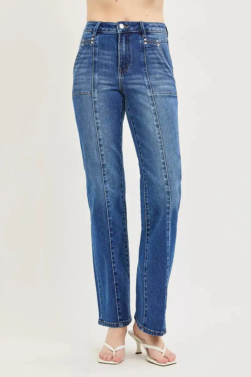 Polished High-Rise Washed Pocketed Stretch Straight Leg Jeans