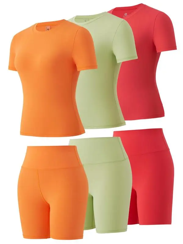 Women'S Solid Round Neck Tee & High Waist Biker Shorts Tracksuit Set, Crew Neck Short Sleeve T-Shirt & Skinny Shorts, Gym Clothes, Tracksuits For Ladies, Casual Sportswear For Indoor Outdoor Wear, Gym