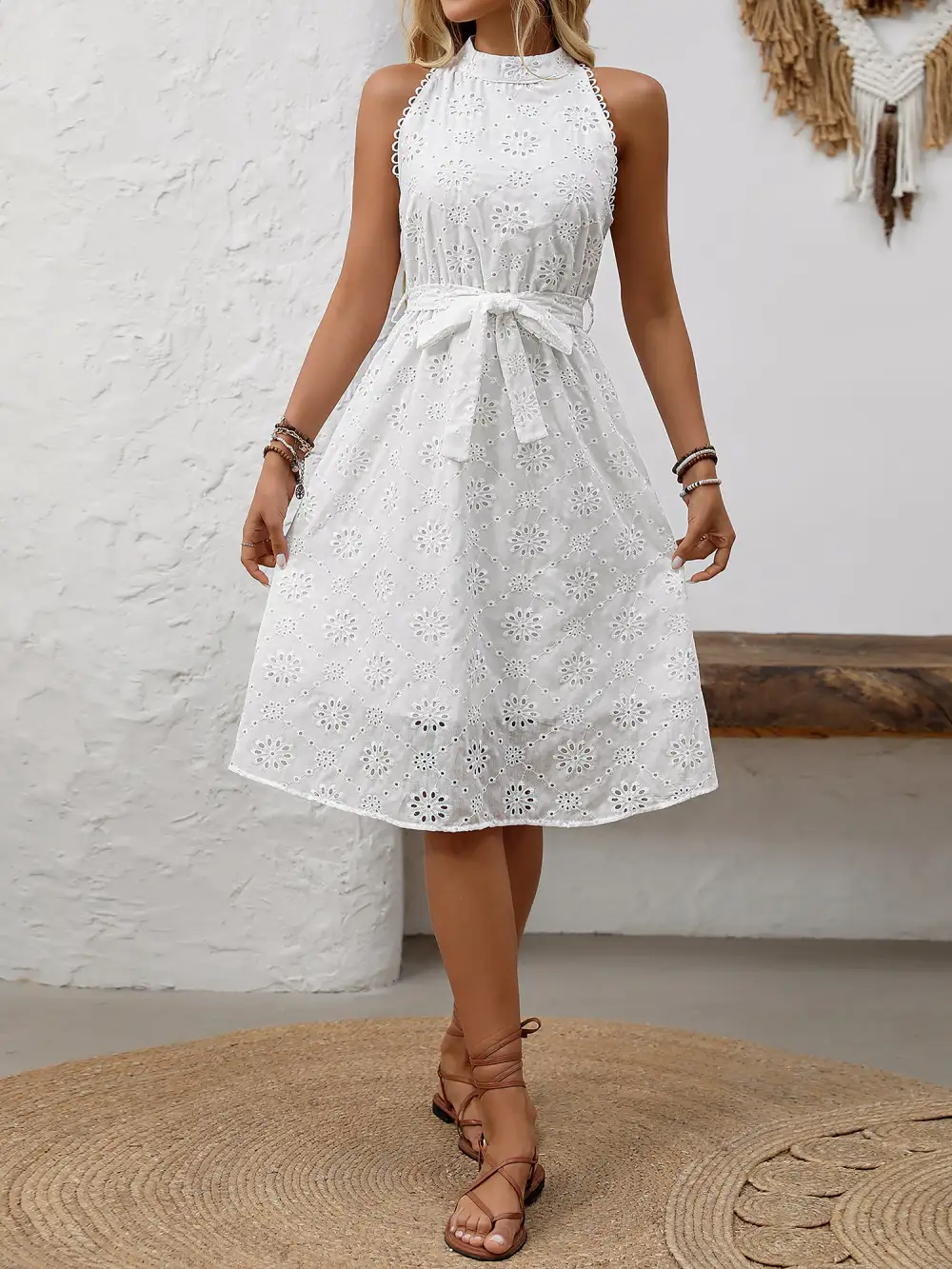 Halter-Neck Sleeveless Eyelet Lace-Up Midi Dress