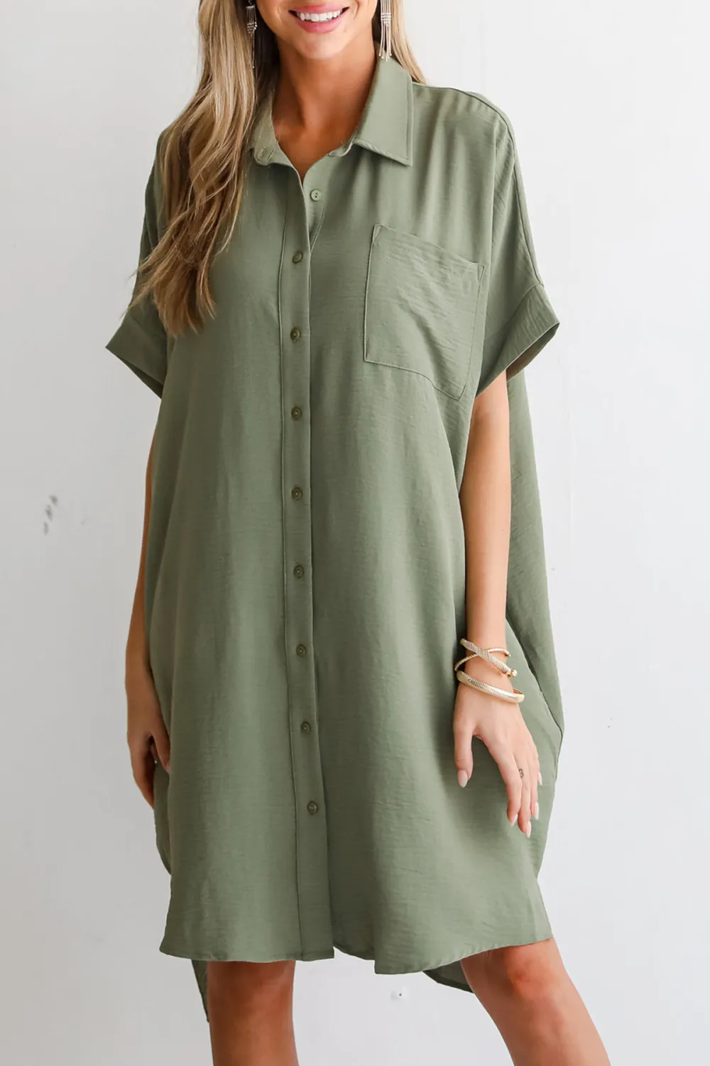 Green Button Front Midi Dress