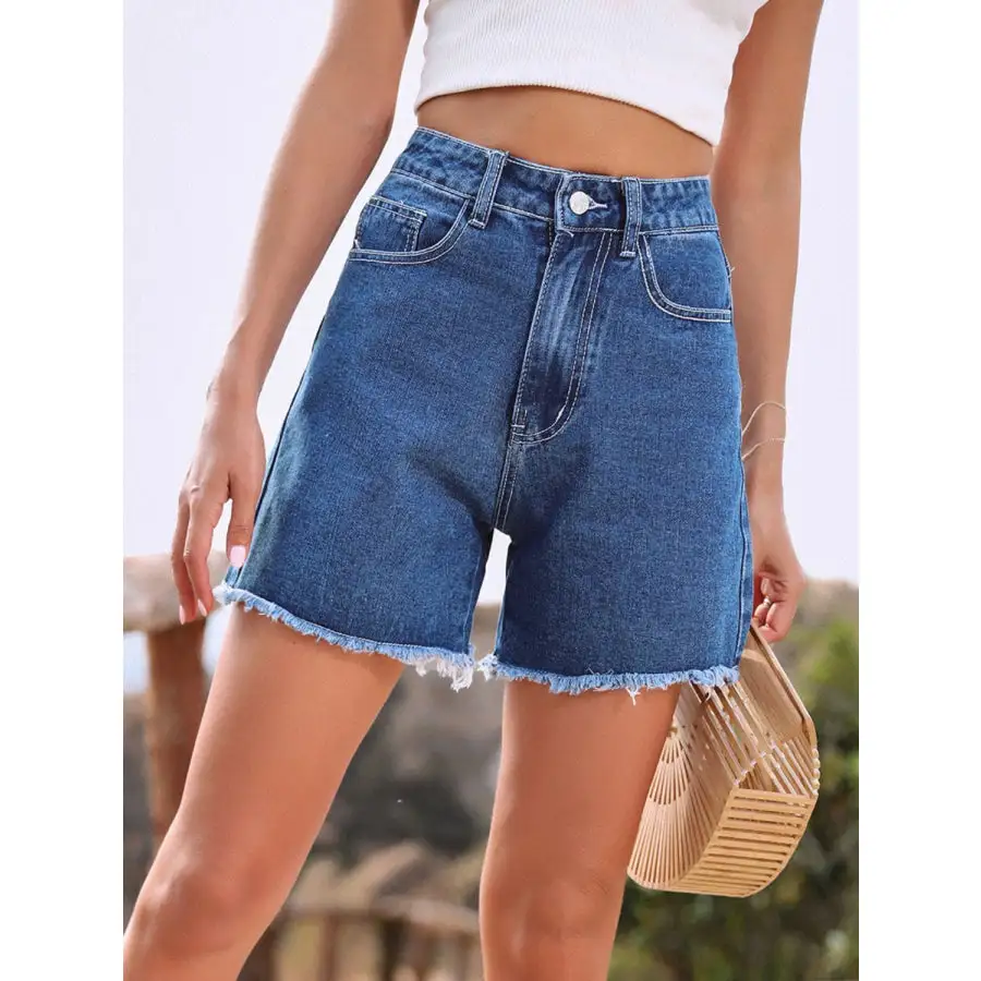 Textured Raw Hem High Waist Denim Shorts