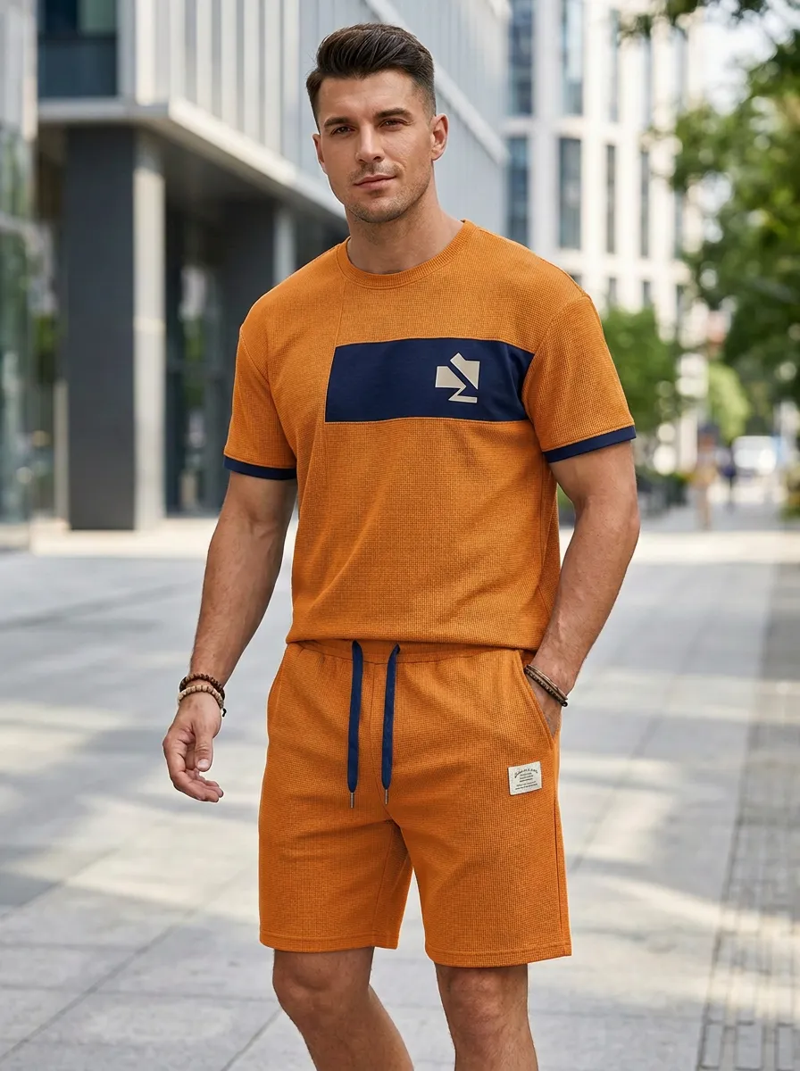 Everyday Waffle Texture Colorblock Detail Essential Men's T-Shirt And Shorts Set