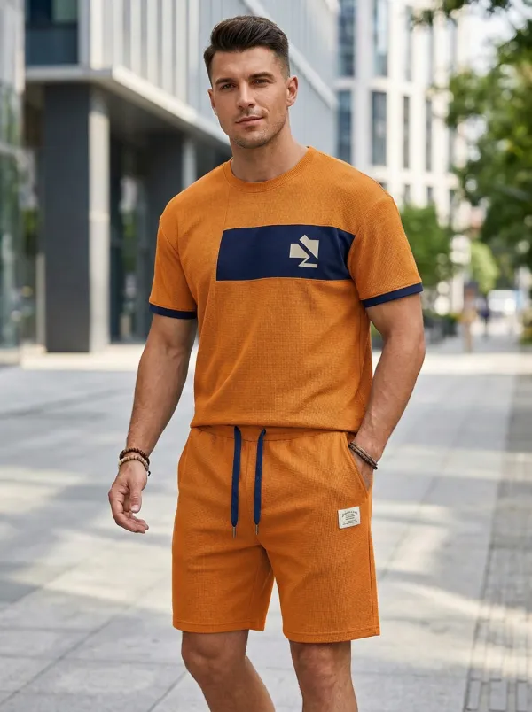 Everyday Waffle Texture Colorblock Detail Essential Men's T-Shirt And Shorts Set