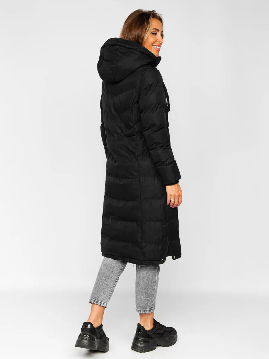 Black women's long quilted winter jacket with hood