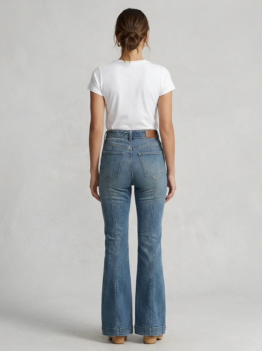 Vintage-Wash Seamed Women's High-Waist Stretch Flare Jeans