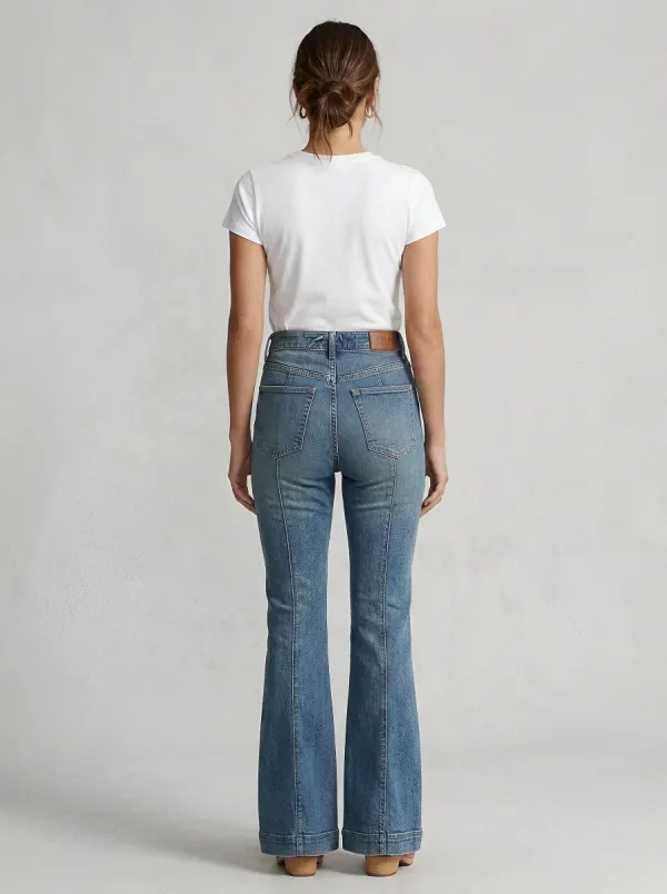 Vintage-Wash Seamed Women's High-Waist Stretch Flare Jeans