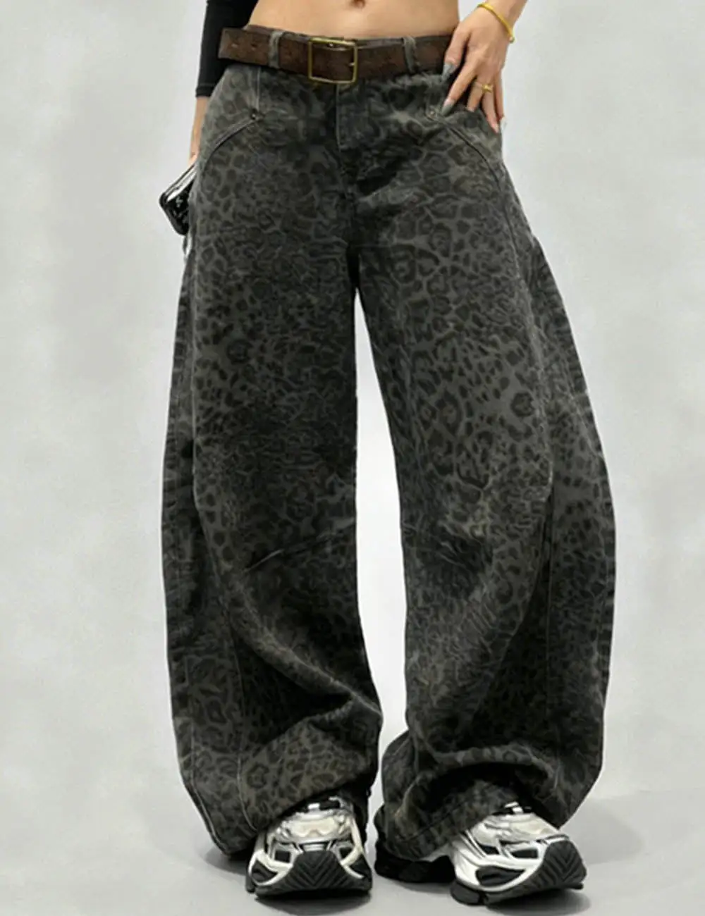 Leopard Print Fleece Lined Barrel Leg Denim Pants