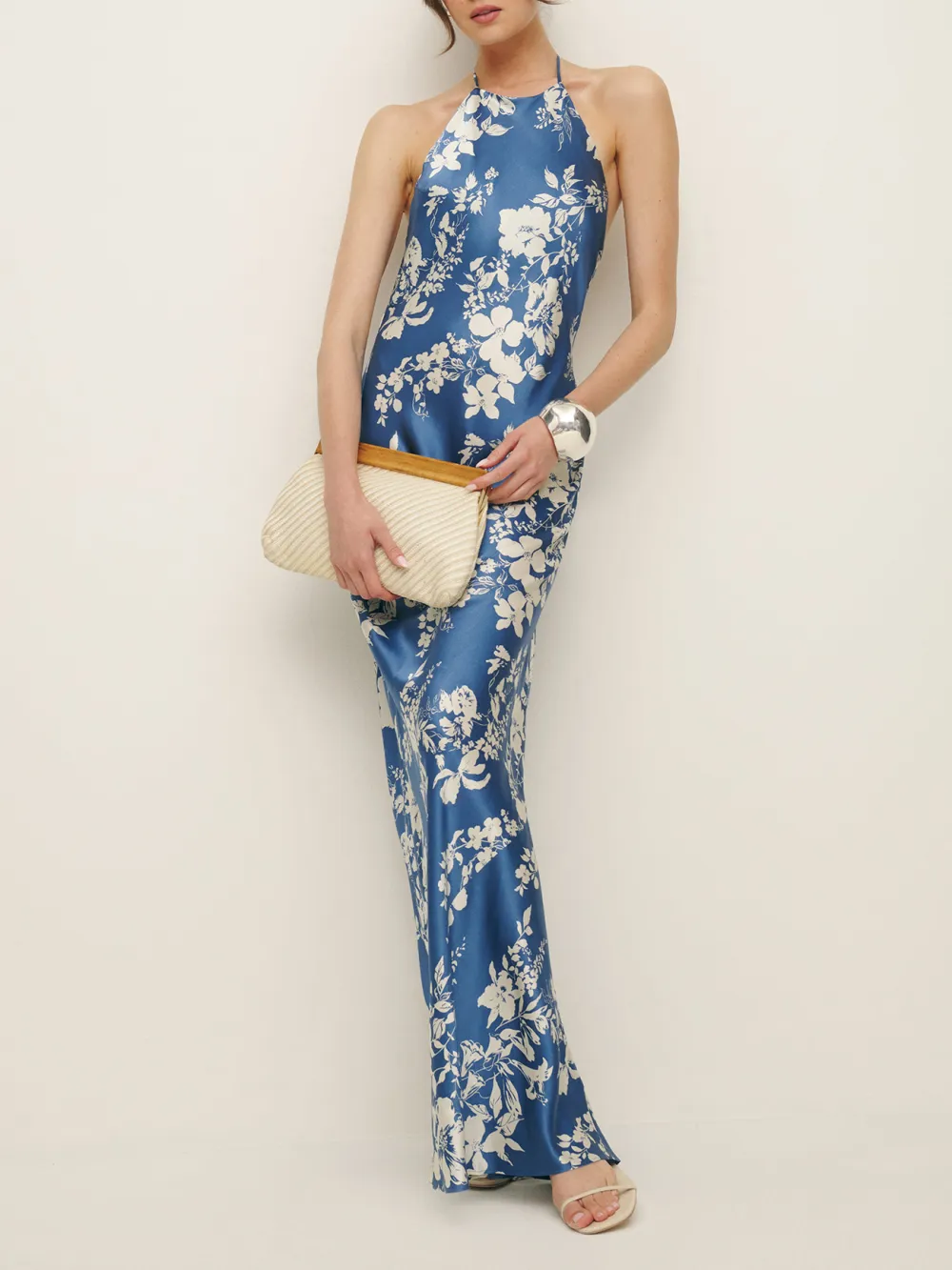 Halter Neck Floral Print Silk Maxi Dress