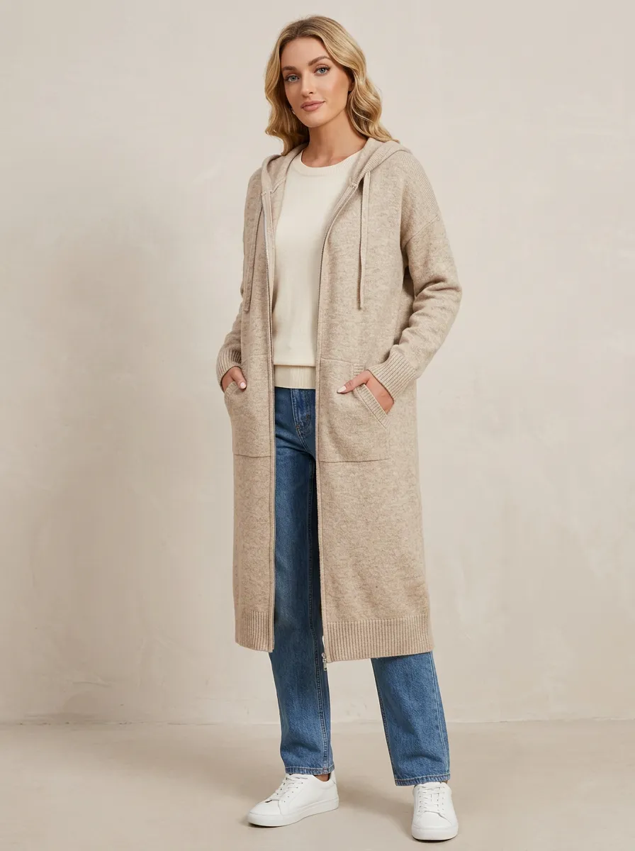Minimal-Layer Knit Long Hooded Coat