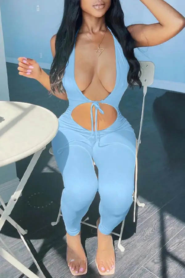 Sexy Casual Solid Bandage Hollowed Out Backless Halter Skinny Jumpsuits