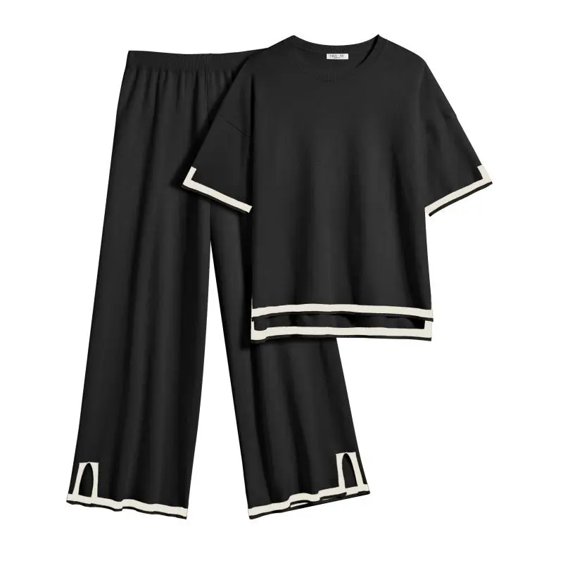 Women's 2-Piece Lounge Set - Black Knit Tracksuit with Short Sleeve Top & Wide Leg Pants - Soft Stretchy Homewear for Casual Wear