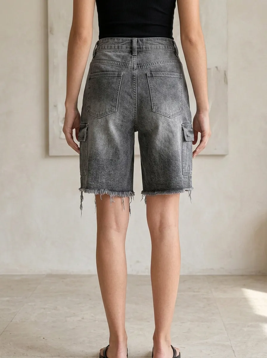 Women's Washed Grey Cargo Patchwork Raw Hem Denim Shorts