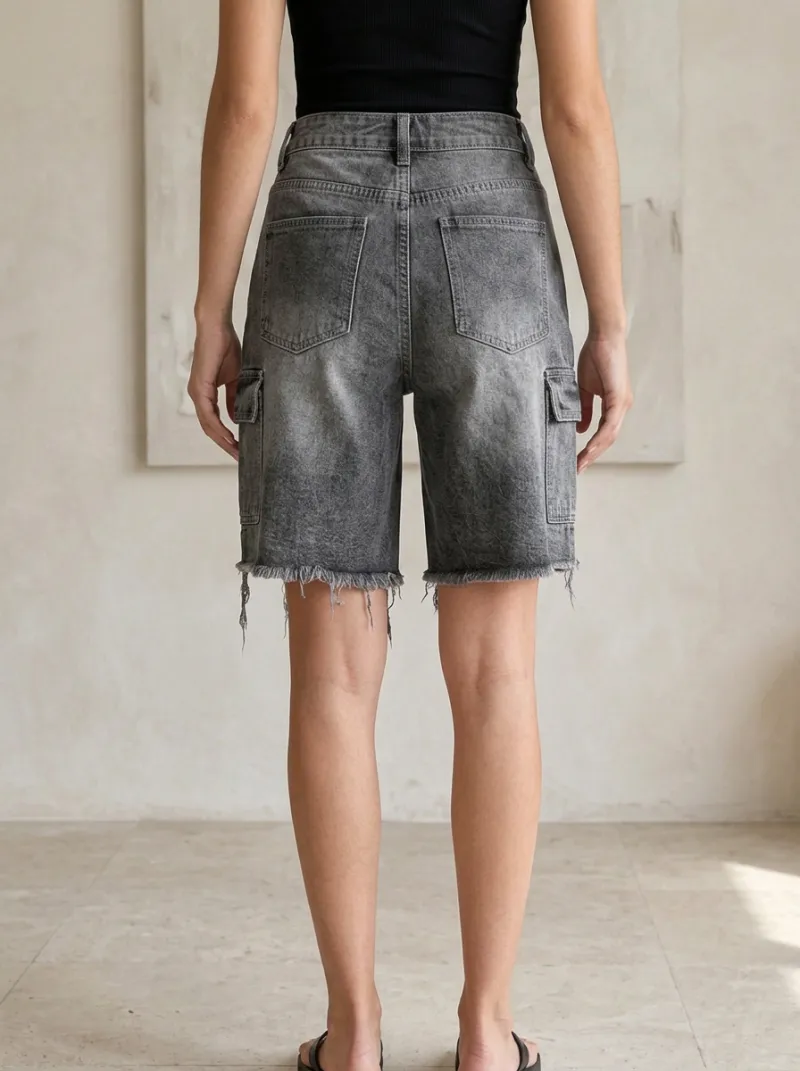 Women's Washed Grey Cargo Patchwork Raw Hem Denim Shorts