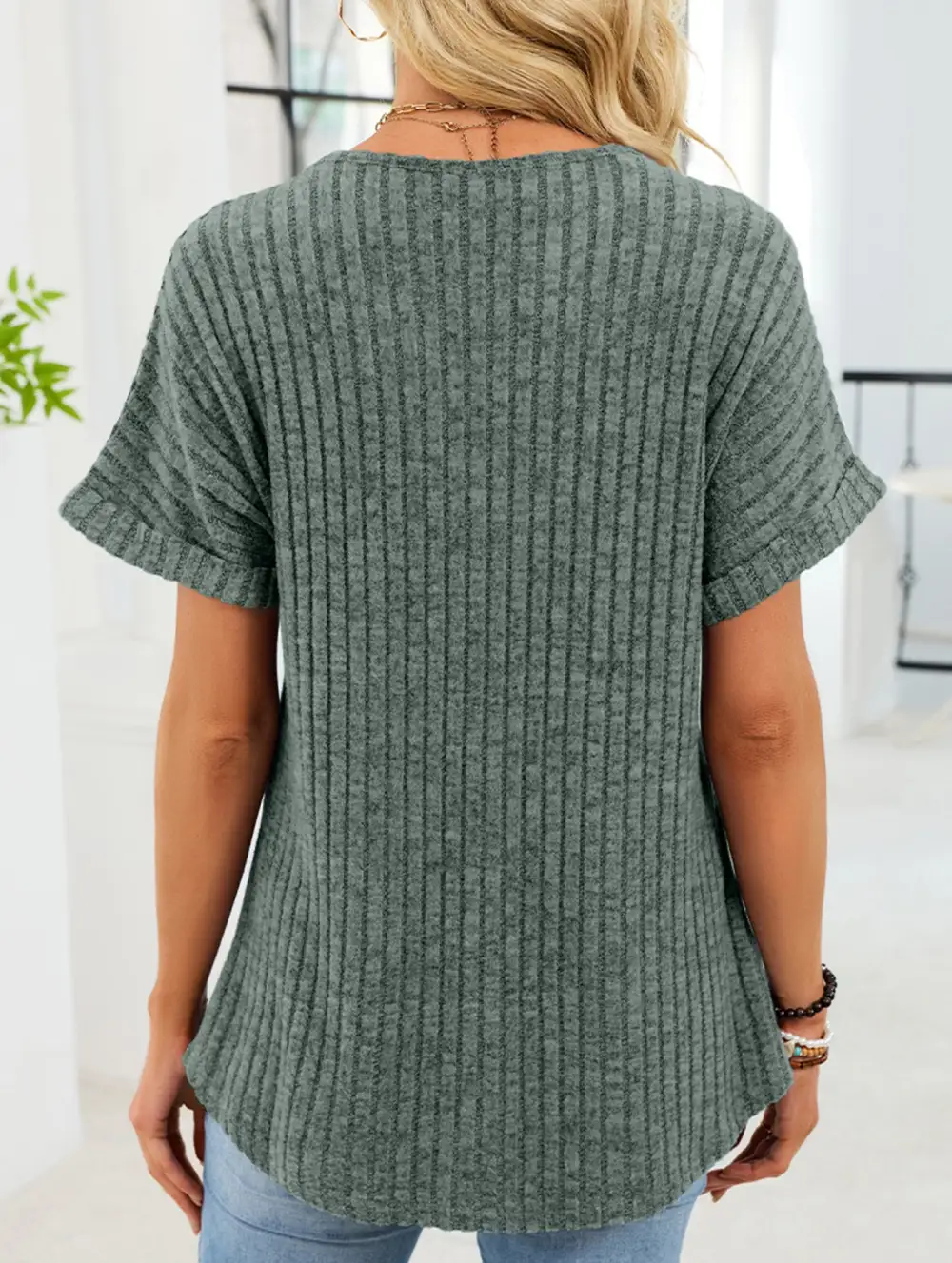 V Neck Button Front Loose Ribbed Tee