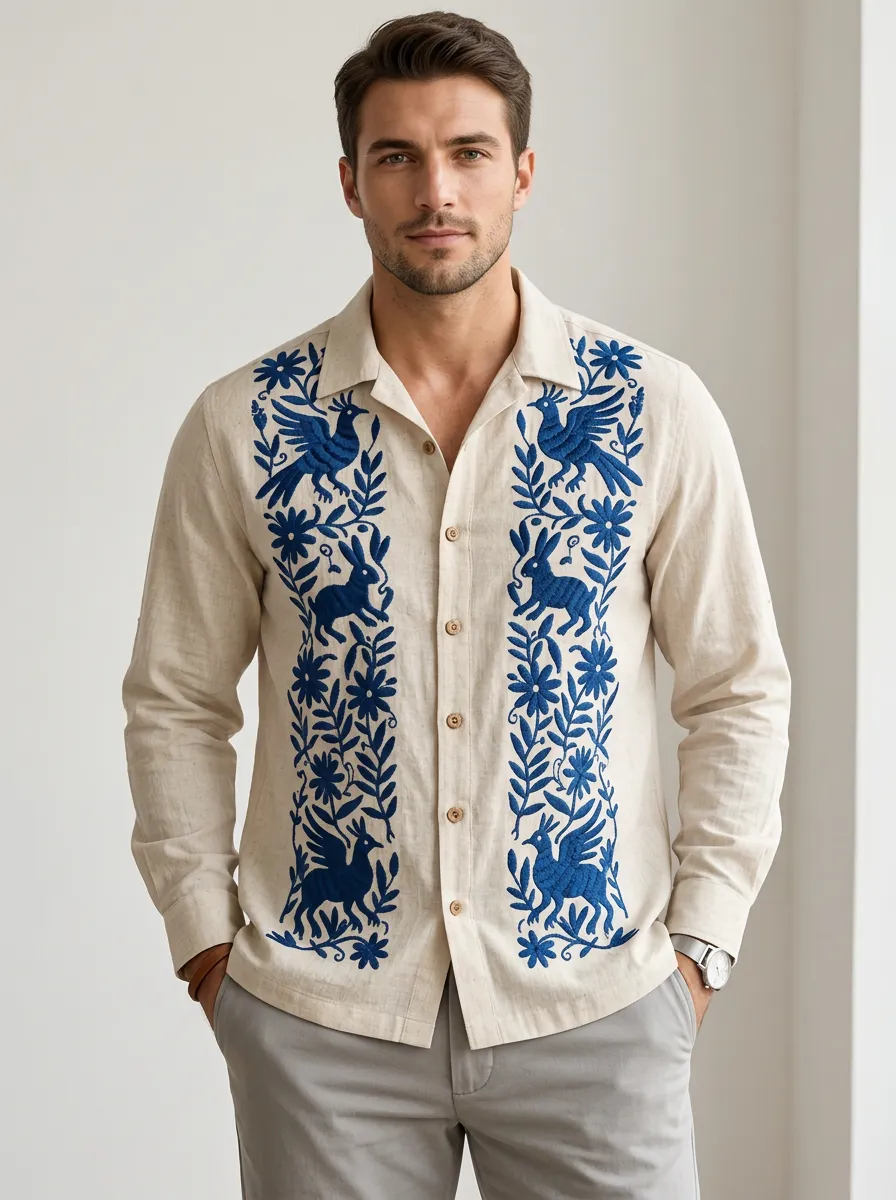 Men's Folk Inspired Floral Rabbit Embroidered Linen Shirt