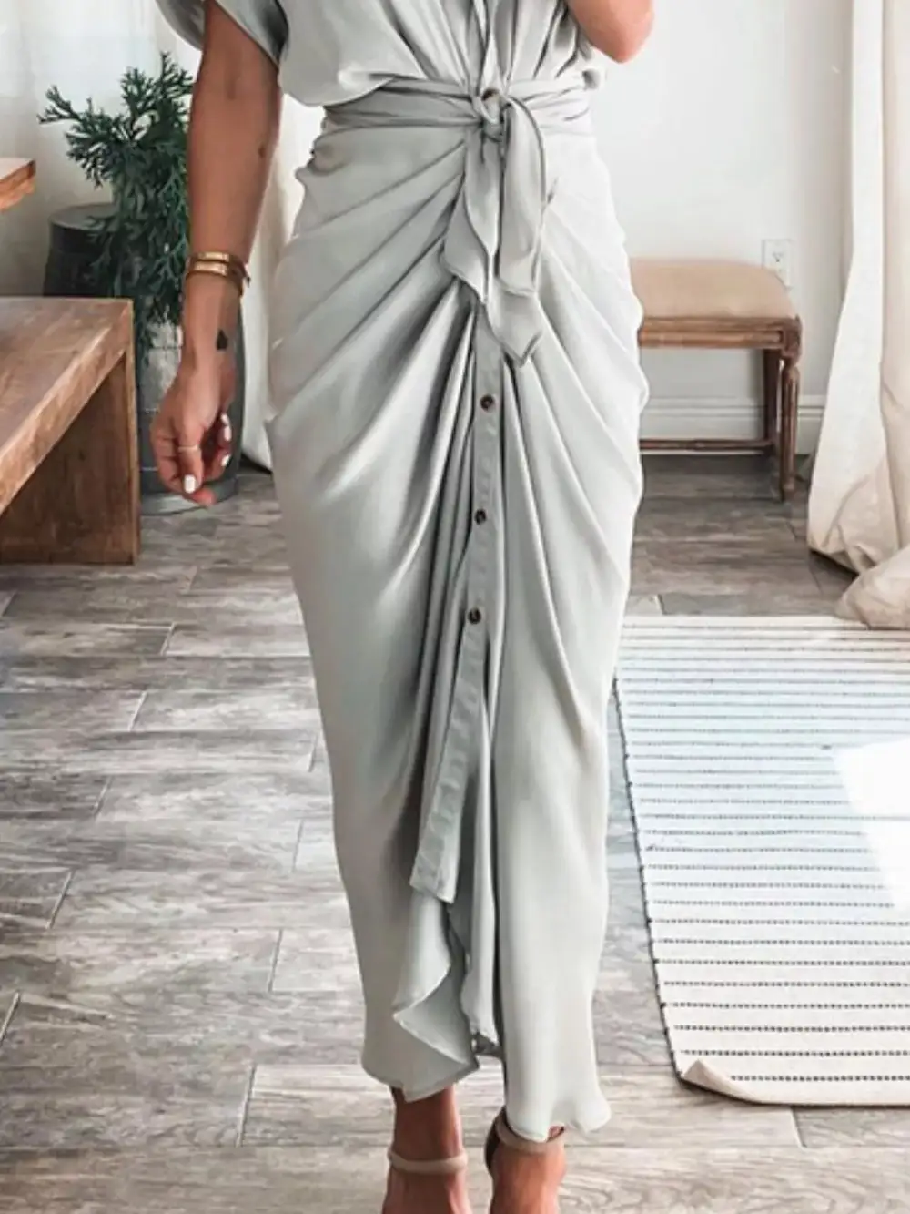 Button Front Tie Waist Midi Dress