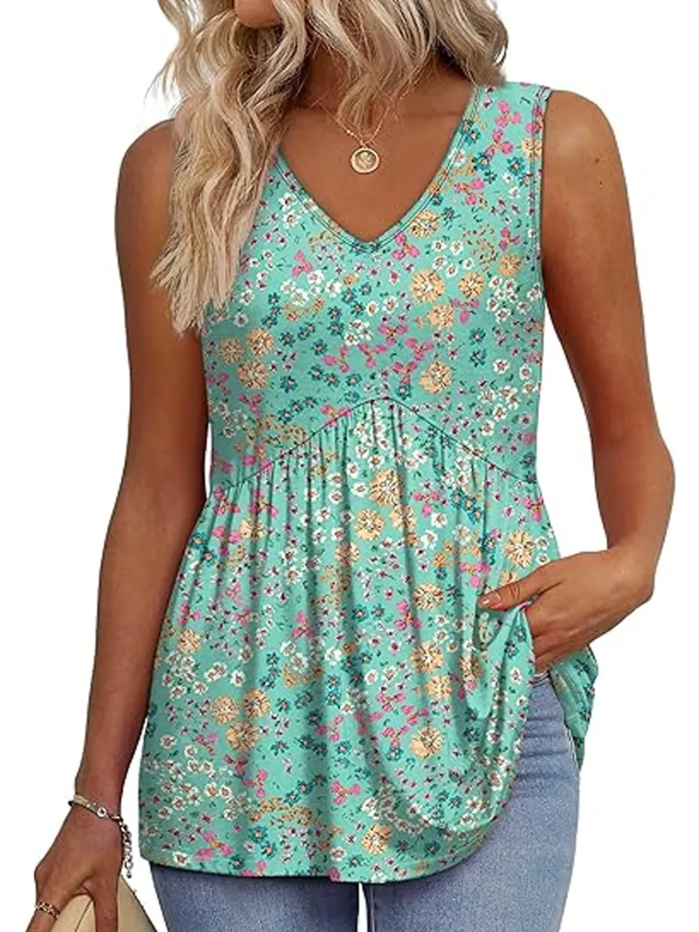 Womens Tank Tops 2025 Flowy Peplum Tops For Women Dressy Sleeveless V Neck Babydoll Tank Tops