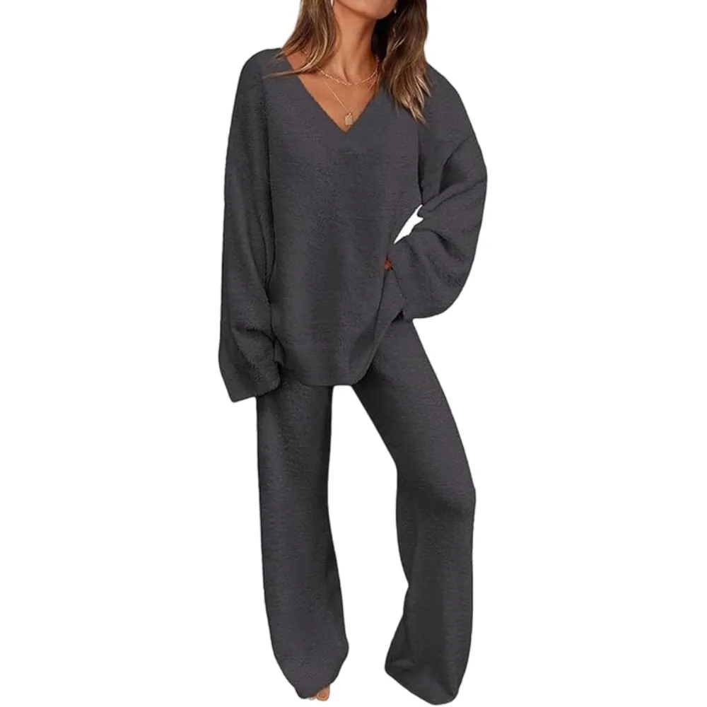 Women's 2-Piece Lounge Set Soft Chunky V Neck Tops& Wide Leg Long