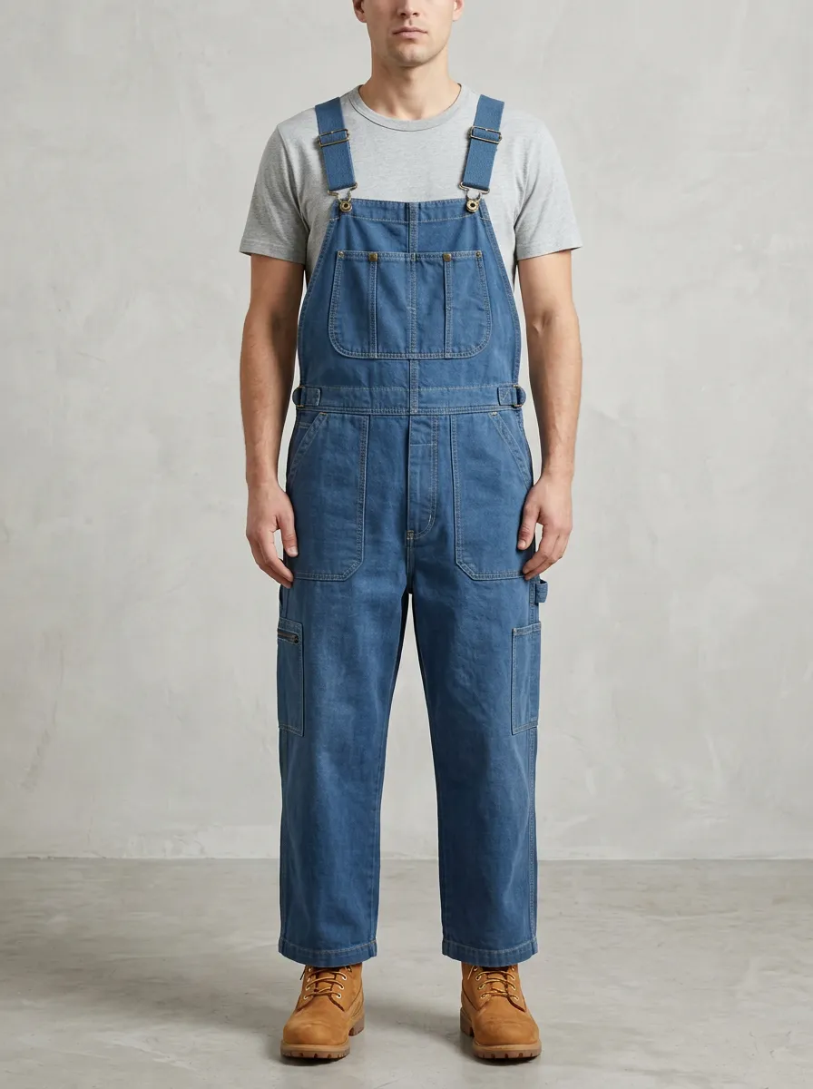 Men's Vintage Style Blue Denim Cargo Overalls