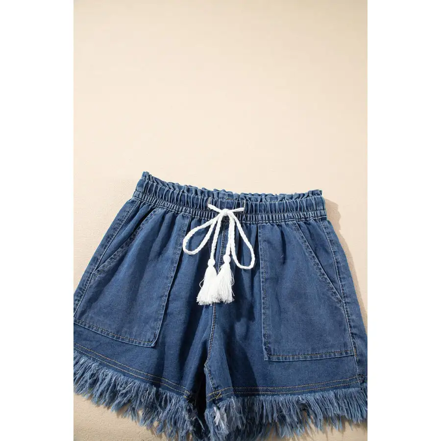 Raw Hem Drawstring High Waist Denim Shorts with Pockets