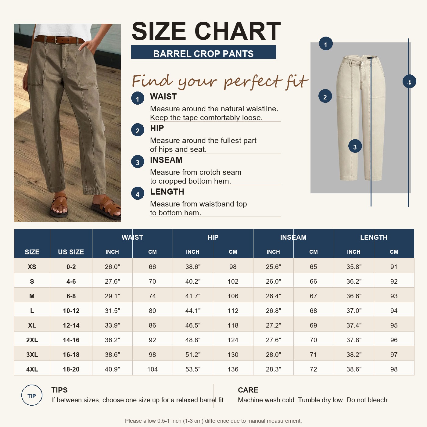 Size chart for barrel crop pants