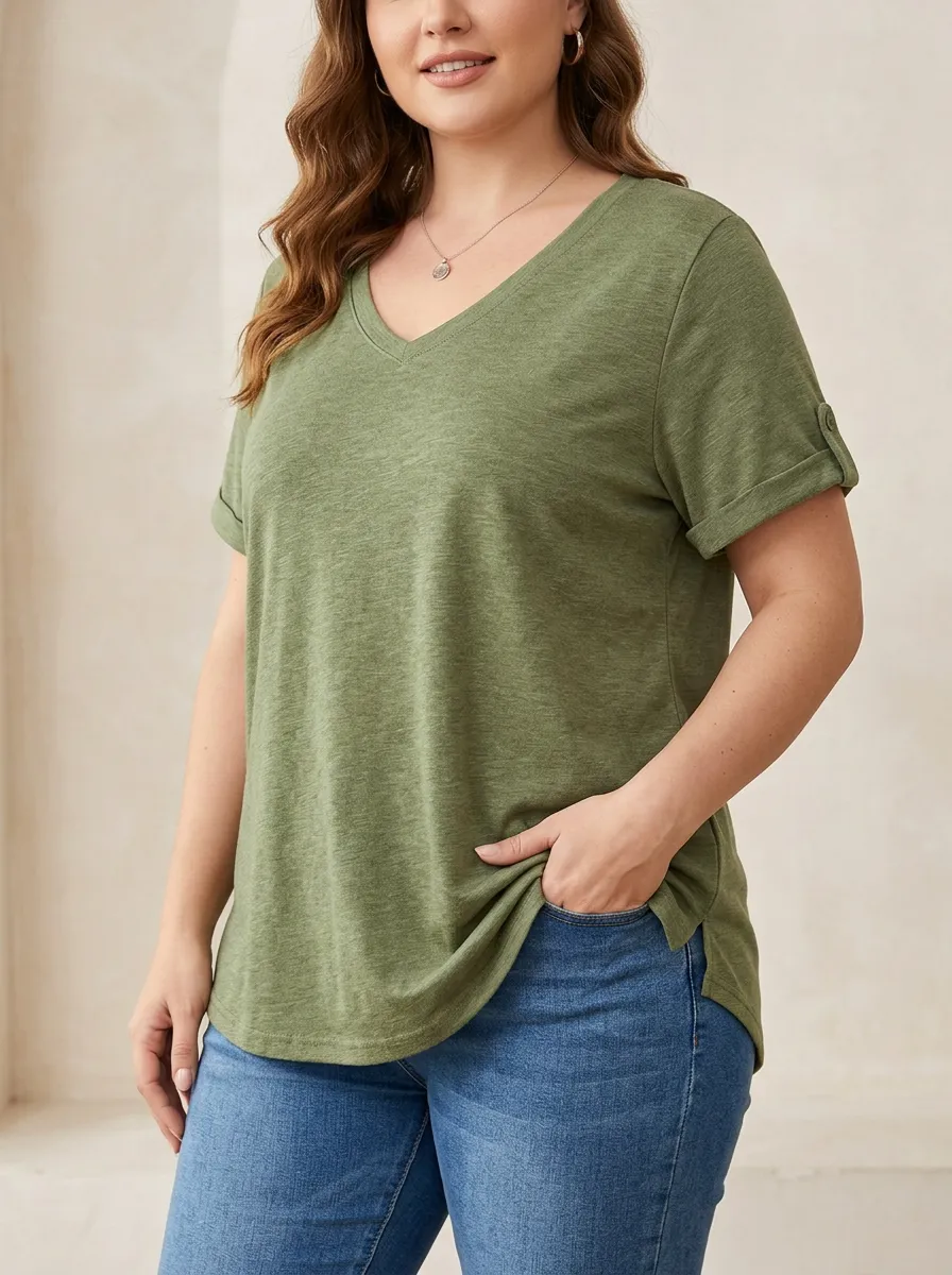 Women's Plus Size Olive Green Rolled Sleeve V-Neck T-Shirt