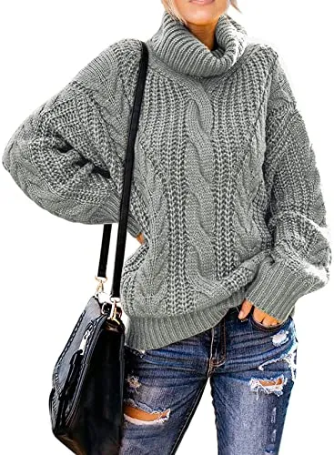 Women's 2025 Turtleneck Balloon Long Sleeve Casual Loose Chunky Cable Knit Pullover Sweater Outerwear