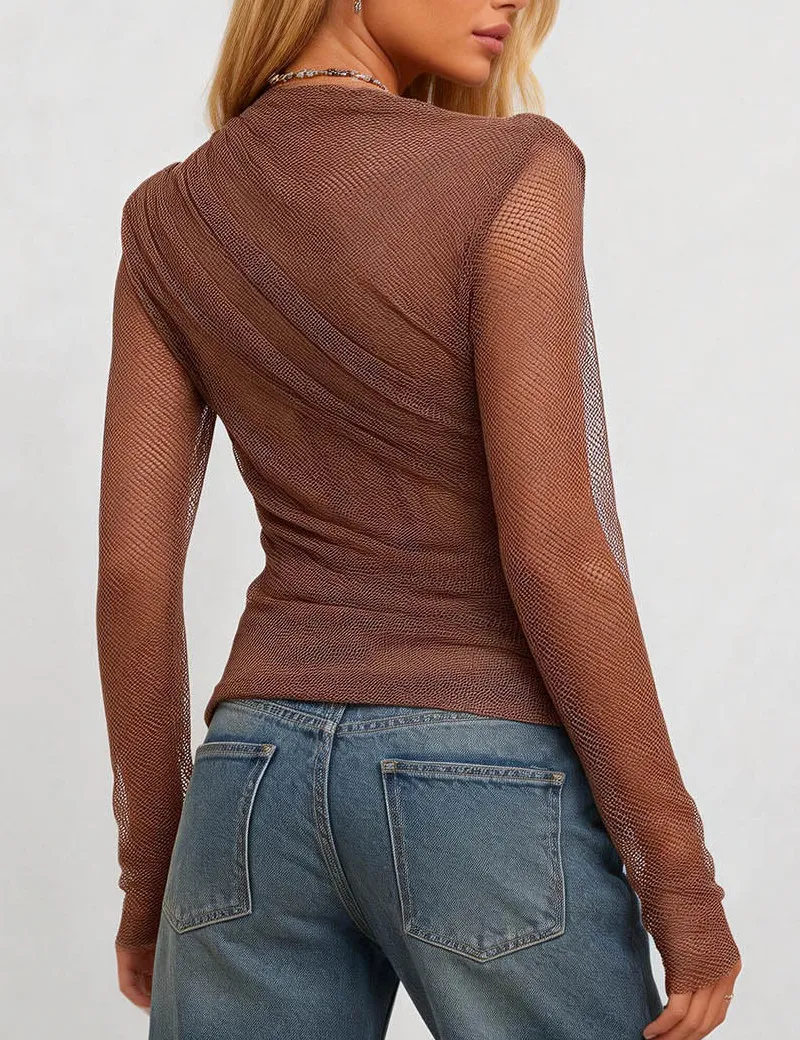 Mock Neck Fishnet Mesh Sheer Long Sleeves Bodysuit