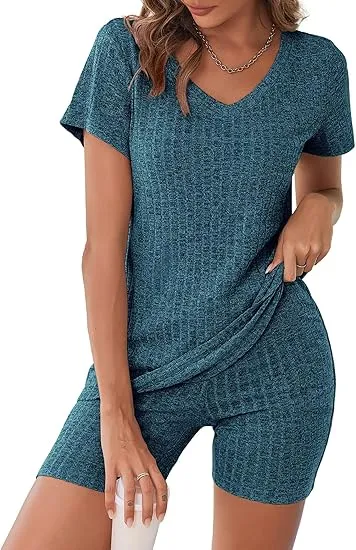 10PACK-Ribbed Pajama Short Sleeve Workout Set