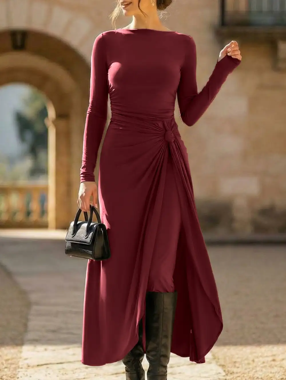Solid Wrap Style Knot Long Sleeve Dress