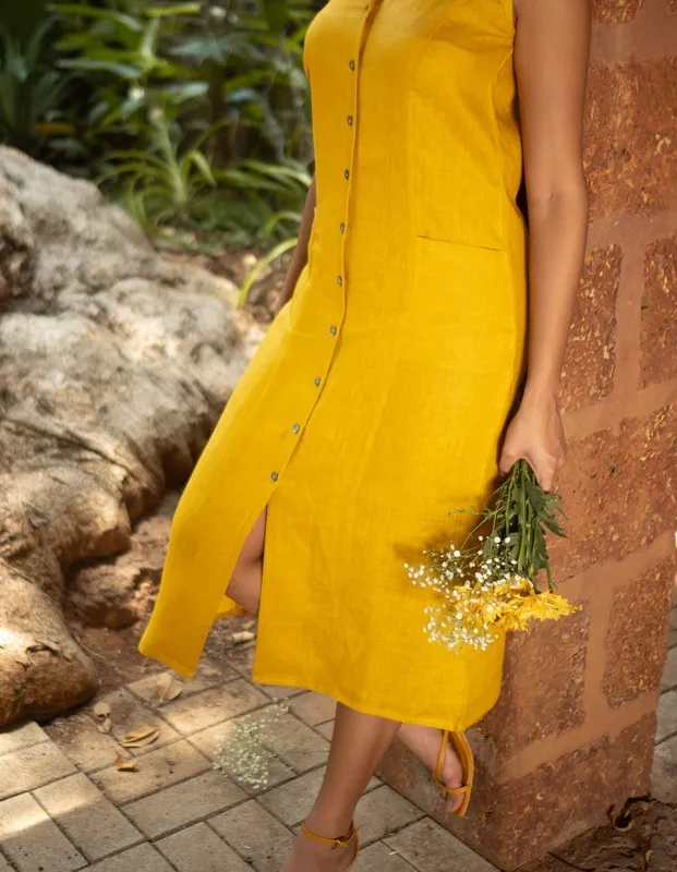Mustard Linen Notch-Collar Dress