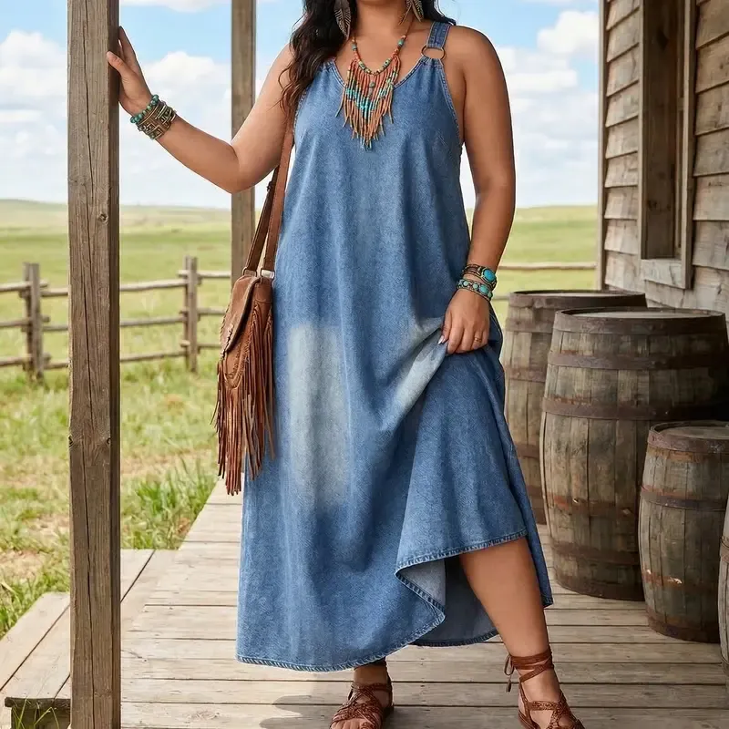 Women’s Sleeveless Denim Maxi Dress with Adjustable Cross Back Straps