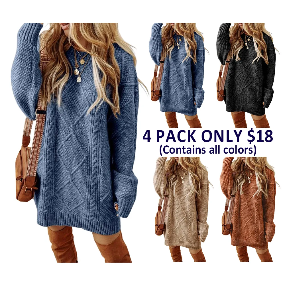 Women'S Round Neck Long Sleeve Sweater Dress Casual Loose Fit Cable Knit Pullover Mini Dress