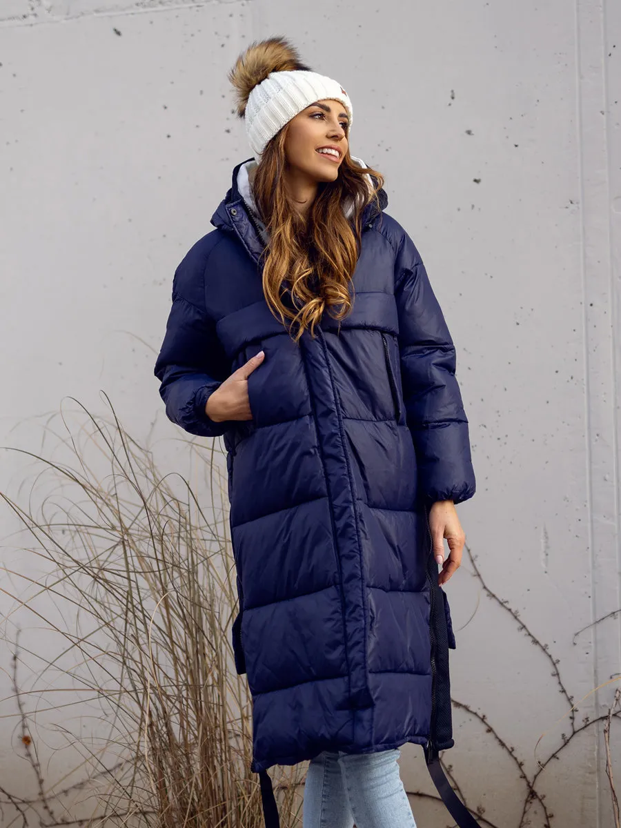 Dark blue women's long winter jacket with hood