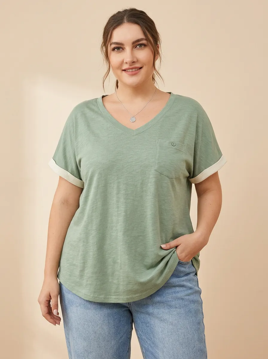 Women's Plus Size Sage Green Pocket Rolled Sleeve V-Neck T-Shirt
