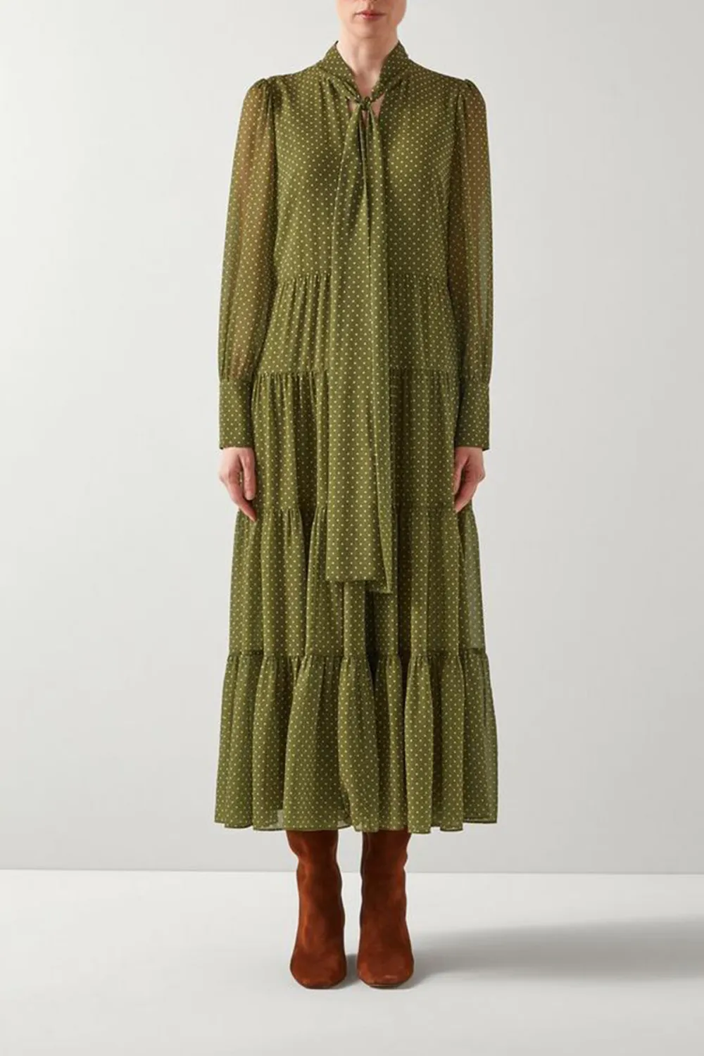 Green Polka Dot Tie Neck Tiered Dress